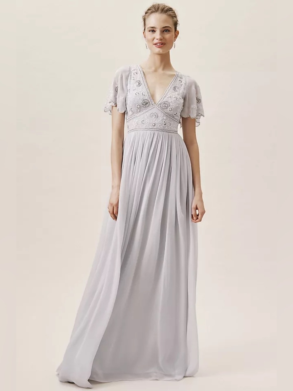 BHLDN Pale Gray Embroidered Maxi Dress